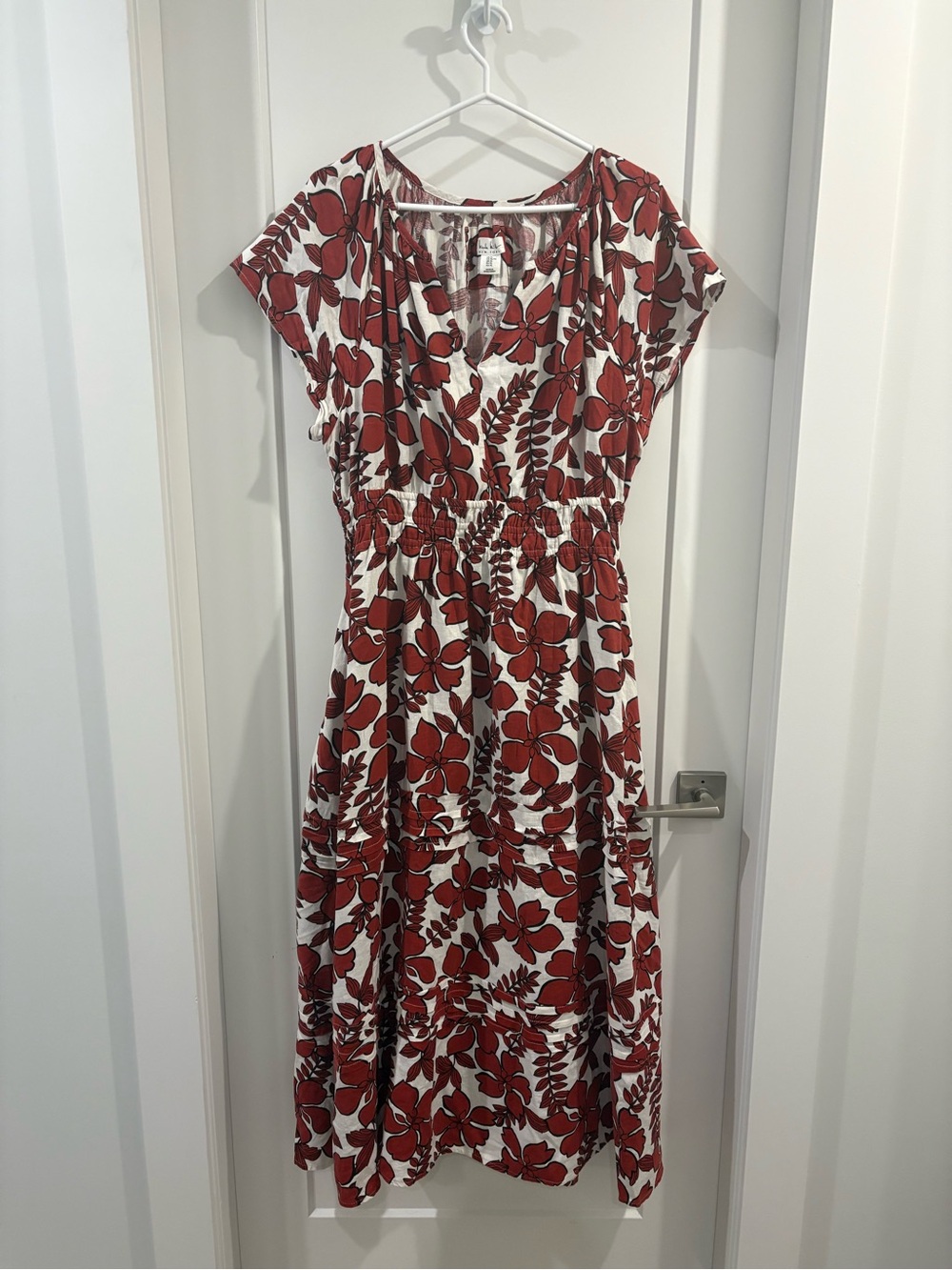 Flutter Sleeve Red Floral Midi Dress with Elastic Waist